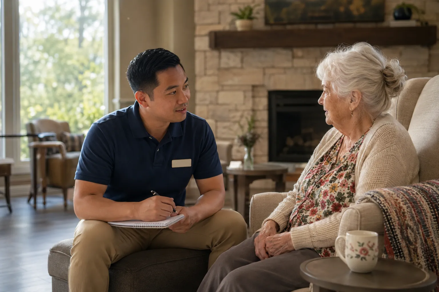 Caregiver sitting with a resident in a sunlit common room, checking in on her day